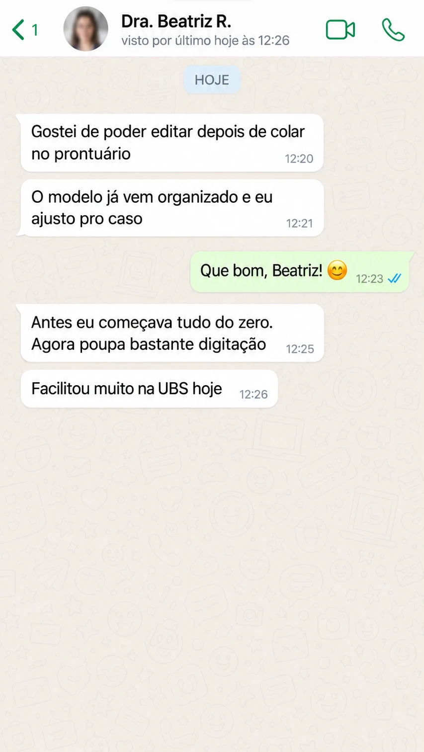 Conversa ilustrativa 2 sobre o uso do Receita Rápida PS; não é um depoimento real.