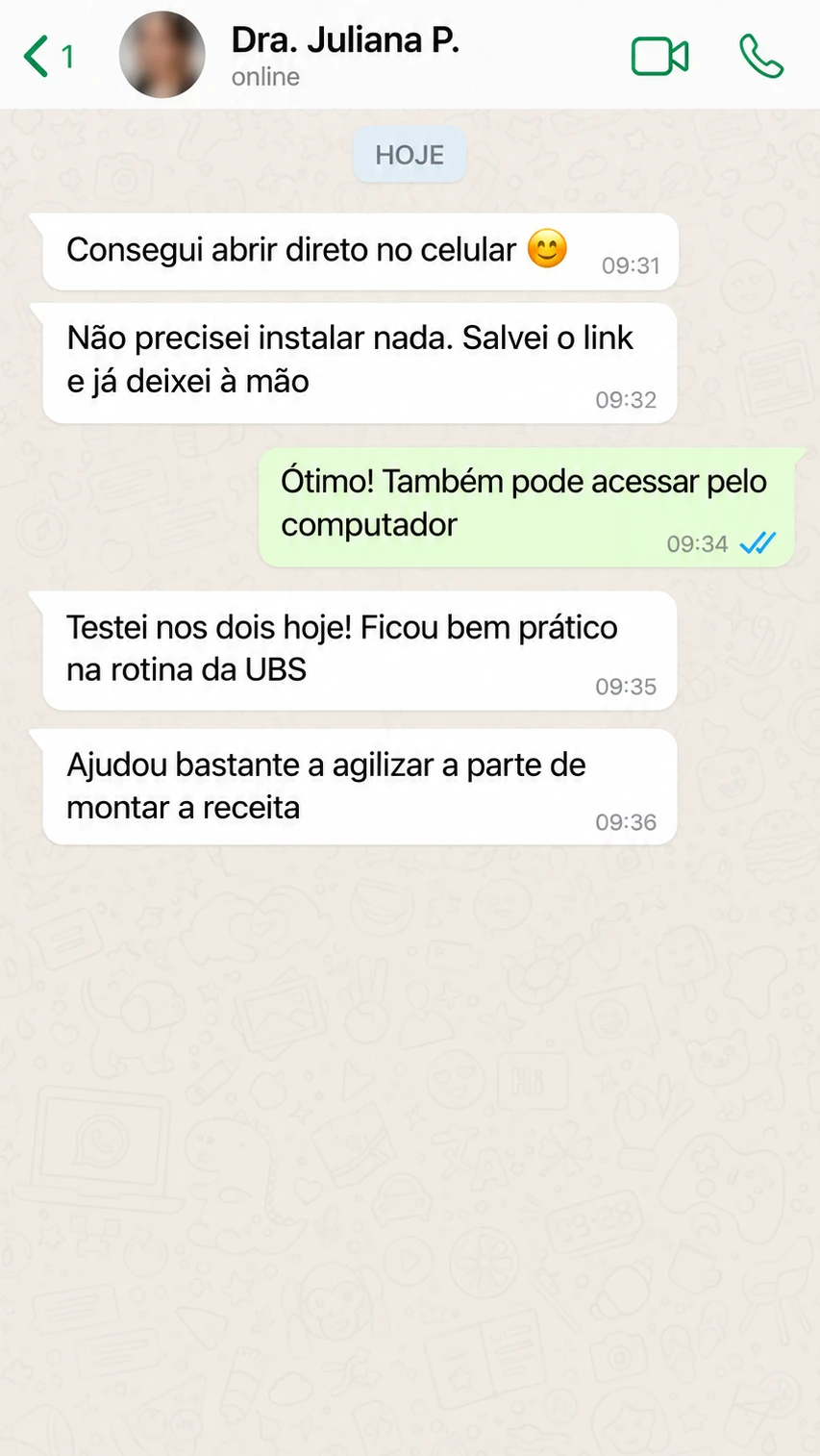 Conversa ilustrativa 5 sobre o uso do Receita Rápida PS; não é um depoimento real.