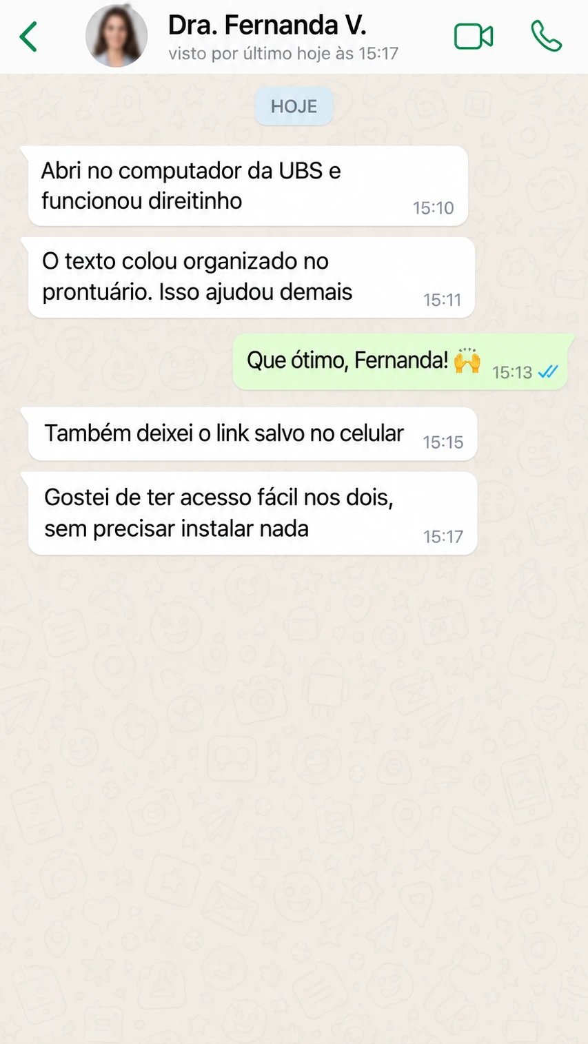Conversa ilustrativa 6 sobre o uso do Receita Rápida PS; não é um depoimento real.