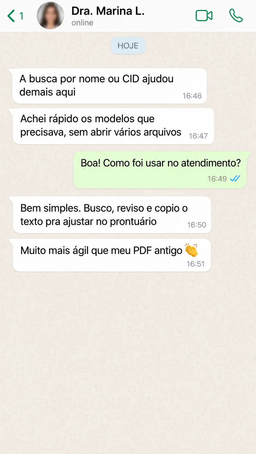 Conversa ilustrativa 8 sobre o uso do Receita Rápida PS; não é um depoimento real.