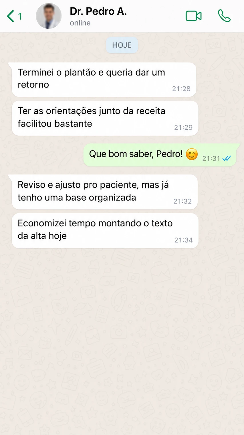 Conversa ilustrativa 9 sobre o uso do Receita Rápida PS; não é um depoimento real.