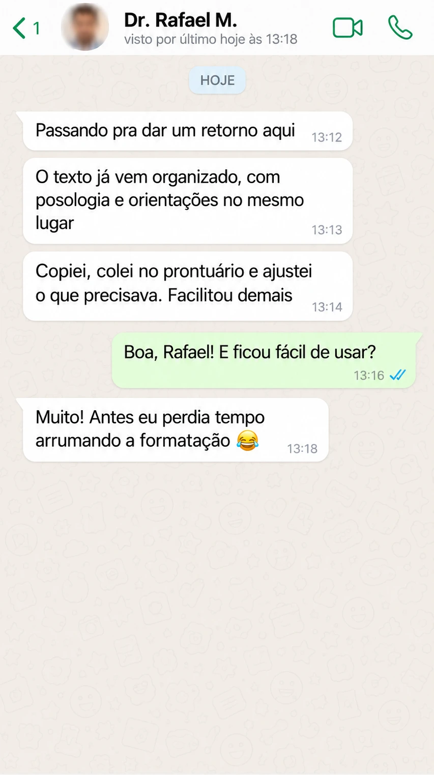 Conversa ilustrativa 10 sobre o uso do Receita Rápida PS; não é um depoimento real.