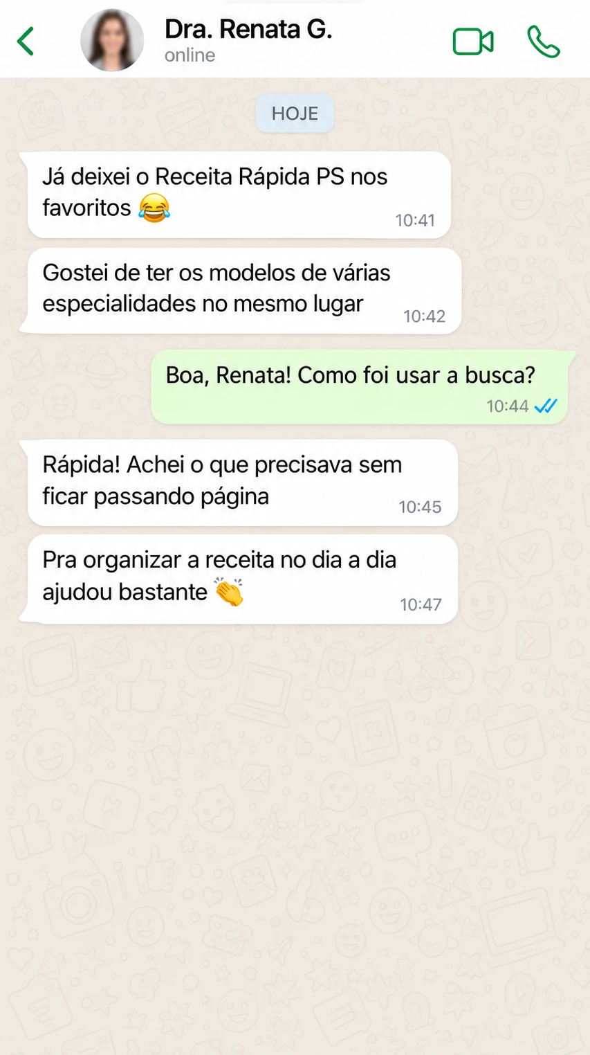 Conversa ilustrativa 11 sobre o uso do Receita Rápida PS; não é um depoimento real.